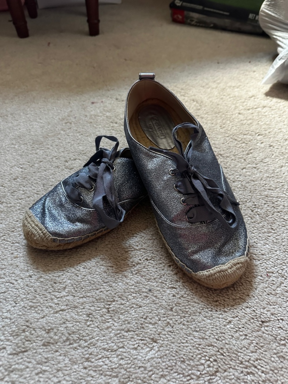 Coach Silver Glitter Espadrille Lace-Up Sneakers